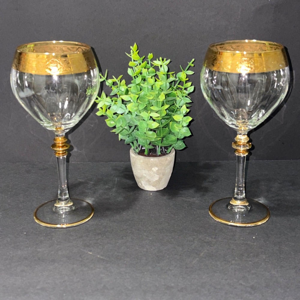 Timeless Italian Goblet Glasses Set of 2 Optic Ribbed Crystal Goblets Gold Trim